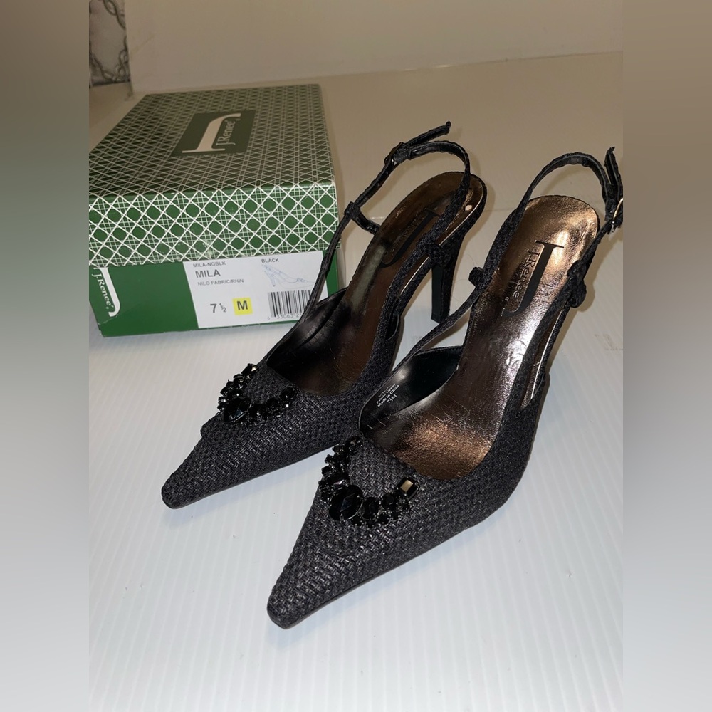 J.Renee Black Pointed Slingback Heels with Jeweled Accent